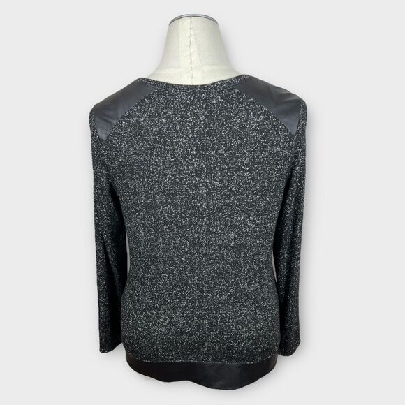 Chico's Size 2 US Large Black Silver Metallic Sweater Faux Leather Shoulders - Picture 3 of 9